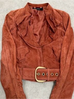 2004 Gucci Rust Suede Ruffle Belted Jacket by Tom Ford